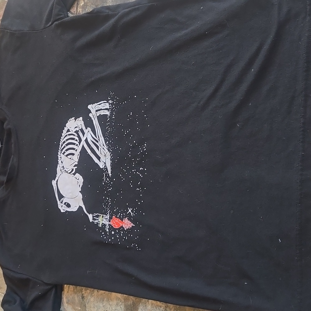 Black T-Shirt with Skeleton and Red Heart Design